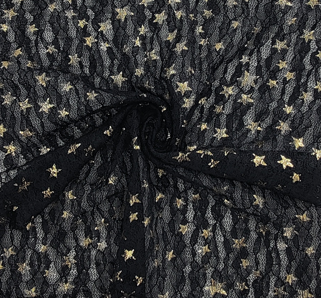 Lace With Foil Gold Stars 101812-500 Black Polyester Spandex Lace Fabric - Black, Foil Gold Stars, 50/52" Width (1 Yard)