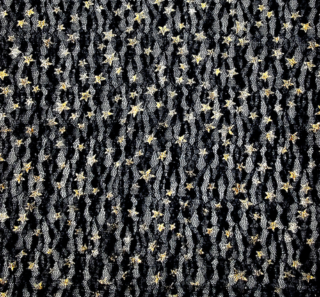 Lace With Foil Gold Stars 101812-500 Black Polyester Spandex Lace Fabric - Black, Foil Gold Stars, 50/52" Width (1 Yard)