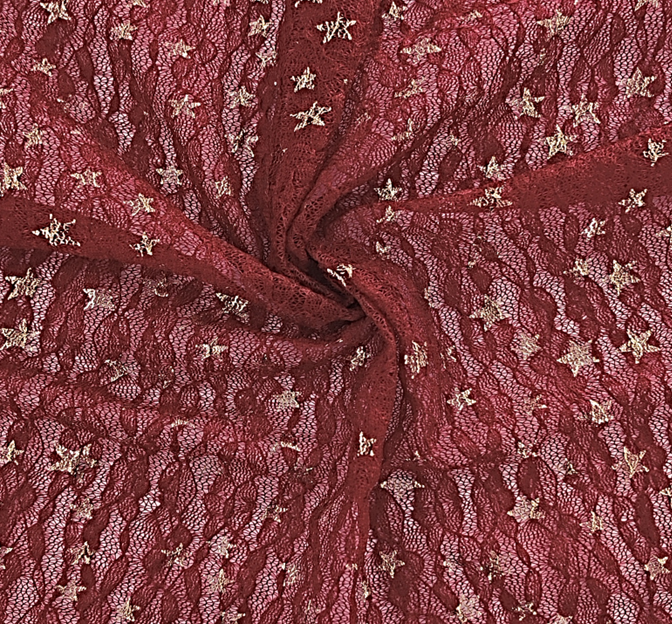 Lace With Foil Gold Stars 101812-500 Polyester Spandex Fabric - DK Wine, Gold Stars, 50/52" Width (1 Yard)