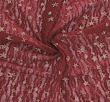 Lace With Foil Gold Stars 101812-500 Polyester Spandex Fabric - DK Wine, Gold Stars, 50/52" Width (1 Yard)
