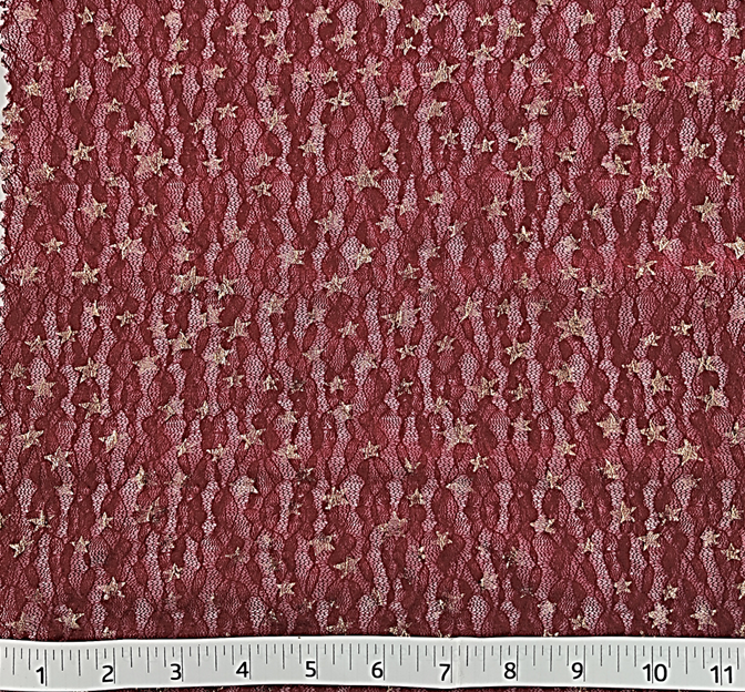 Lace With Foil Gold Stars 101812-500 Polyester Spandex Fabric - DK Wine, Gold Stars, 50/52" Width (1 Yard)