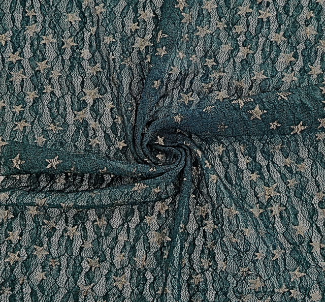 Lace With Foil Gold Stars 101812-500 Hunter Polyester Spandex Lace Fabric - Hunter, Gold Stars, 50/52" Width