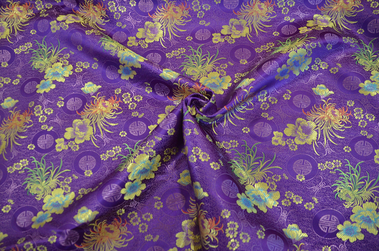 Chinese Flower Brocade Polyester Fabric - Oriental Floral Brocade, 45" Width (1 Yard)