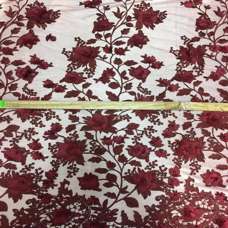 3D Embroidered Satin Floral Pearl Lace Fabric - 100 Percent Polyester Fabric, Floral Pearl Embroidery, 52" Width, 12" Panel (1 Yard)