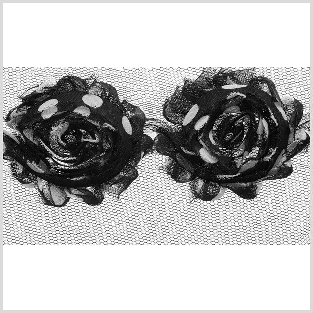 3" Black/White Polka Dotted Floral Lace Trim