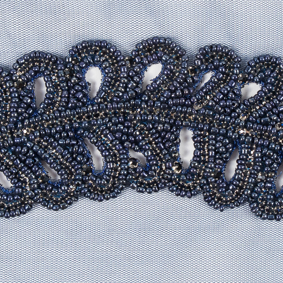 Navy Fancy Beaded Rhinestone Trim - 2"