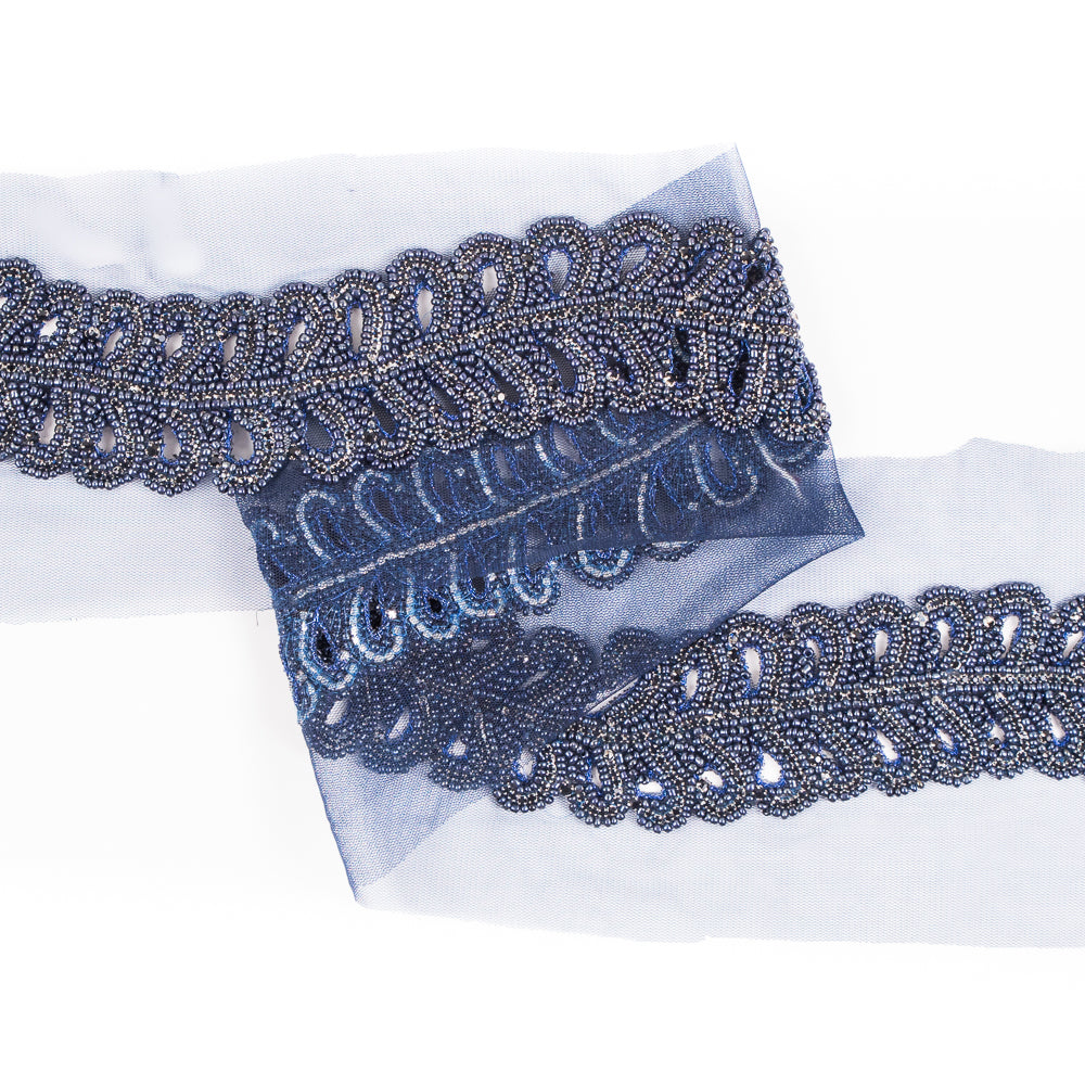 Navy Fancy Beaded Rhinestone Trim - 2"