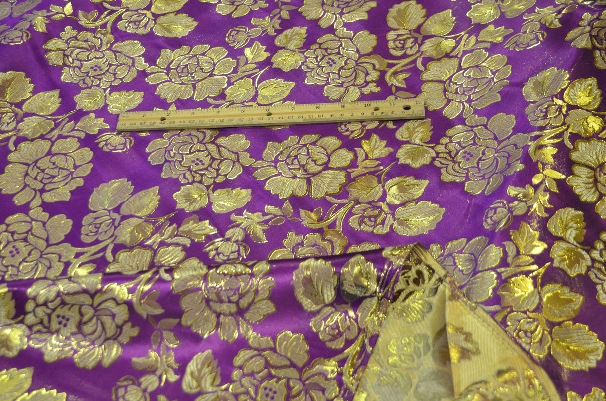 Oriental Metallic Big Flower Brocade Metallic Brocade Fabric - Fuchsia, Red, Flag Green, Royal, Purple, Floral Pattern, 58" Width (1 Yard)