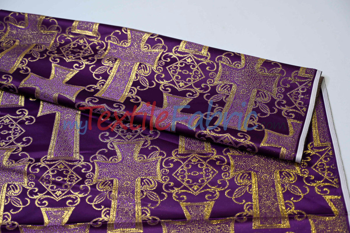 Religious Cross Brocade 100 Percent Polyester Fabric - Elegant Cross Motif, 60" Width (1 Yard)