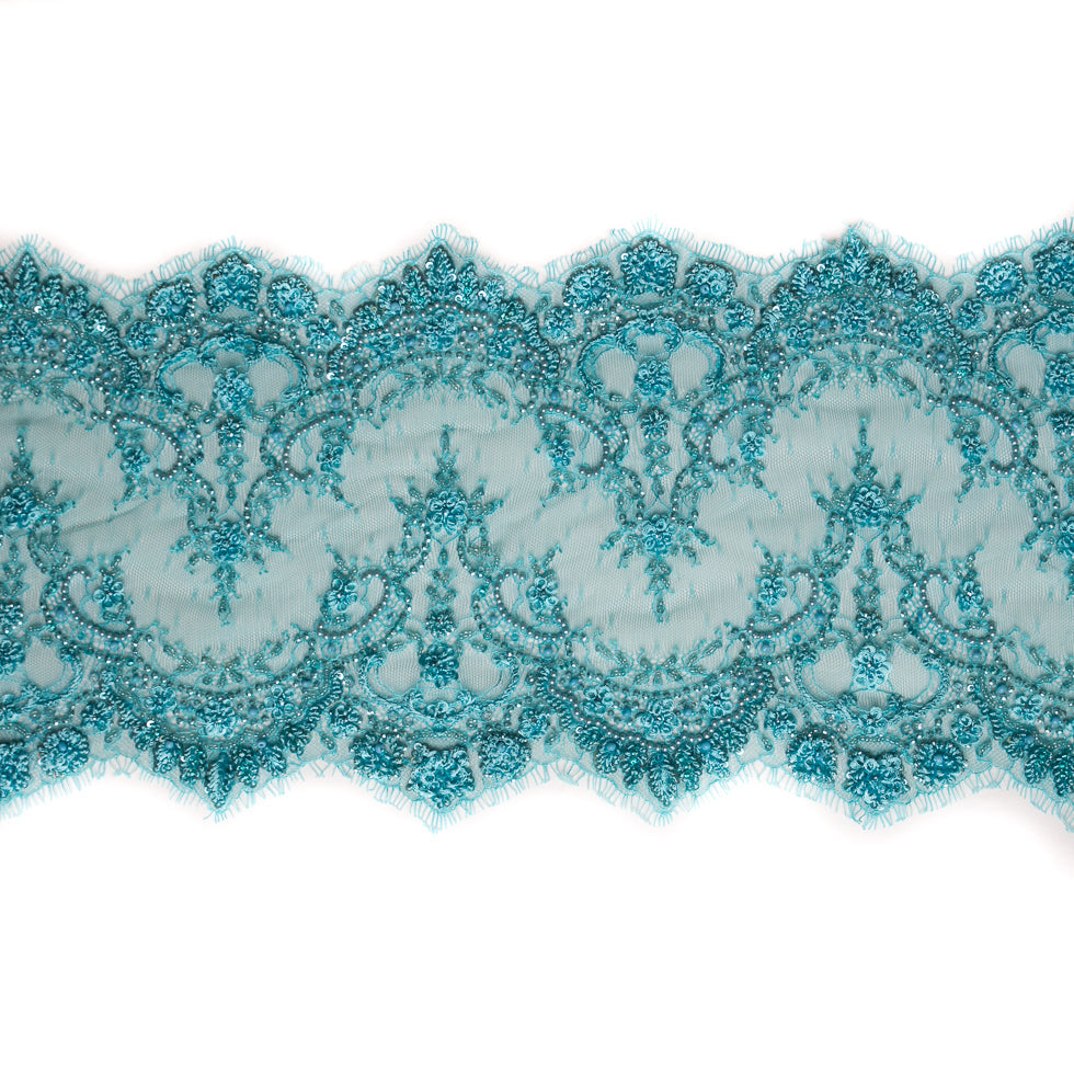 Turquoise Fancy Beaded Lace Trimming - 8"