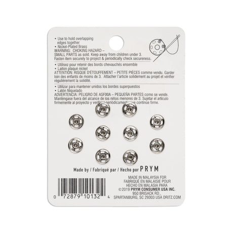 Dritz Sew On Snaps - Nickel, Size 1/0 - 10ct