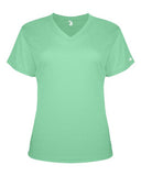 Camiseta de manga corta con cuello en V de rendimiento triblend para mujer