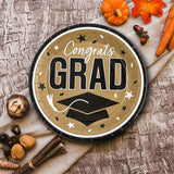 25 Count Gold Congrats Grad 9 Inch Paper Plates for Glam Graduation Parties