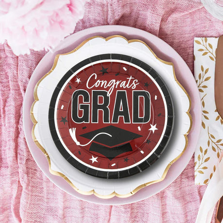 25 Congrats Grad Dinner Plates 9 Inch Burgundy Round Paper for Graduation Party Table Decor