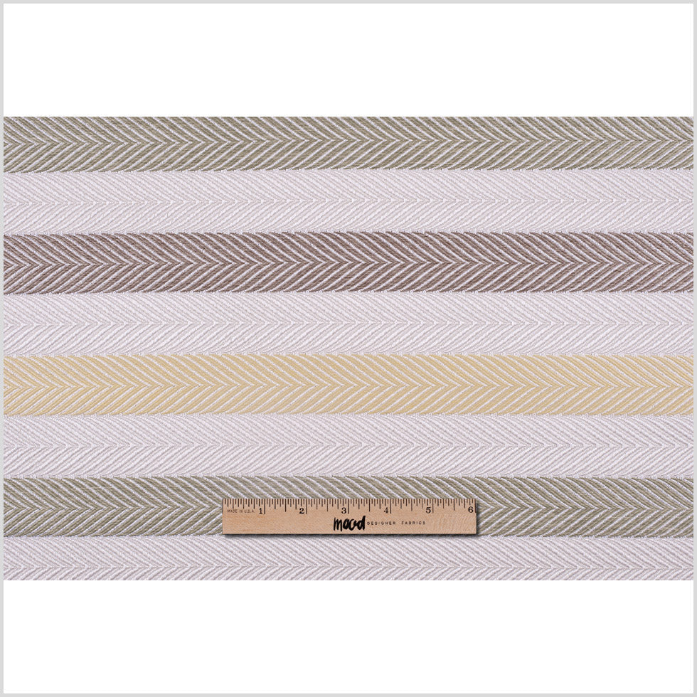 Ivory, Yellow and Green Herringbone Stripes Poly Brocade