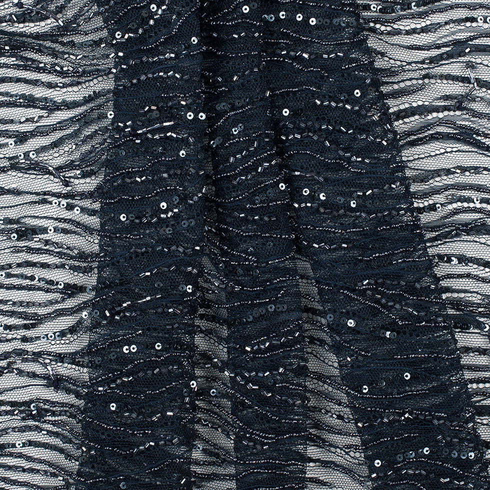 Beaded and Sequined Lace with Scallop Edge - Dark Navy Abstract
