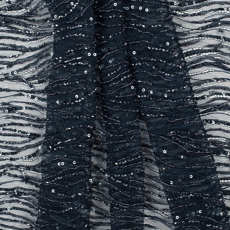 Beaded and Sequined Lace with Scallop Edge - Dark Navy Abstract