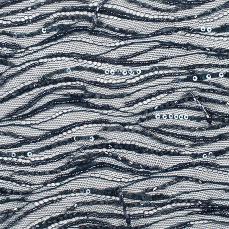 Beaded and Sequined Lace with Scallop Edge - Dark Navy Abstract