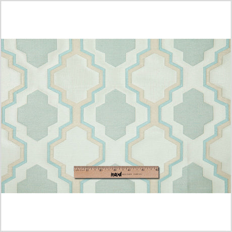 Ivory and Aqua Geometric Lines and Shapes Satiny Brocade