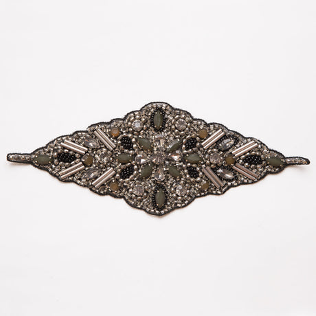 Silver and Green Beaded Rhinestone Applique - 9"