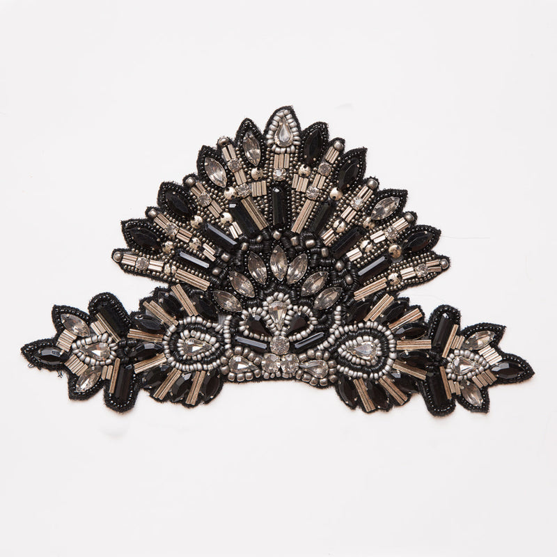 Black and Silver Beaded Rhinestone Applique - 8.5"