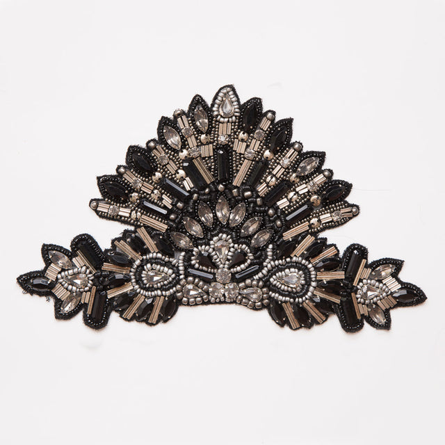 Black and Silver Beaded Rhinestone Applique - 8.5"