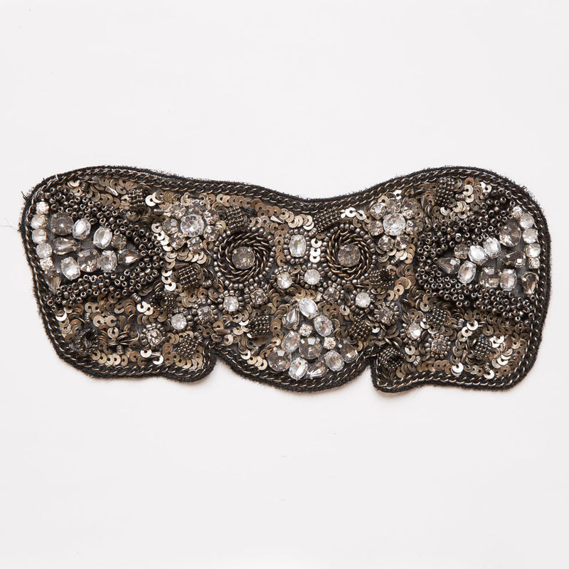Black and Gunmetal Beaded and Sequined Rhinestone Applique - 8"