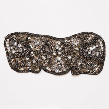 Black and Gunmetal Beaded and Sequined Rhinestone Applique - 8"