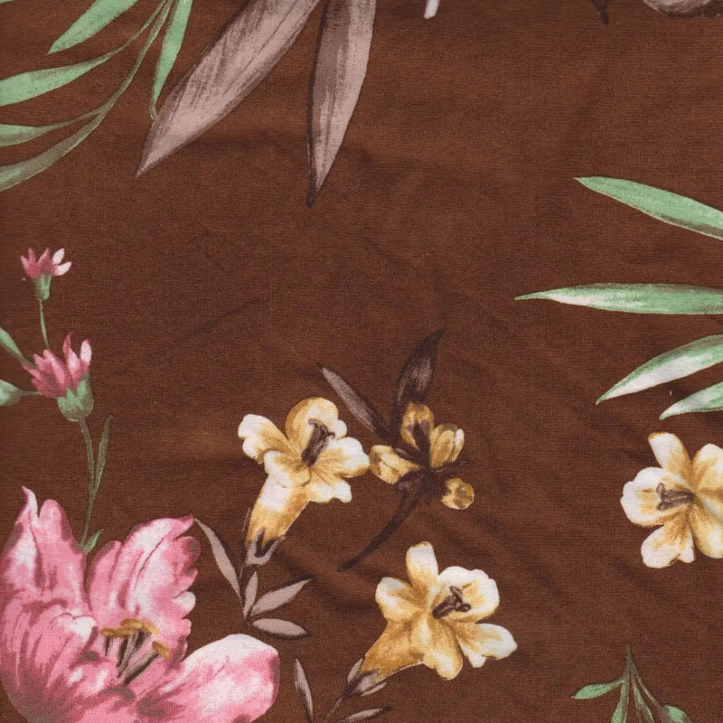 1 Yard Mocha Hawaiian Floral Print Brushed DTY Knit Fabric 58/60" Wide