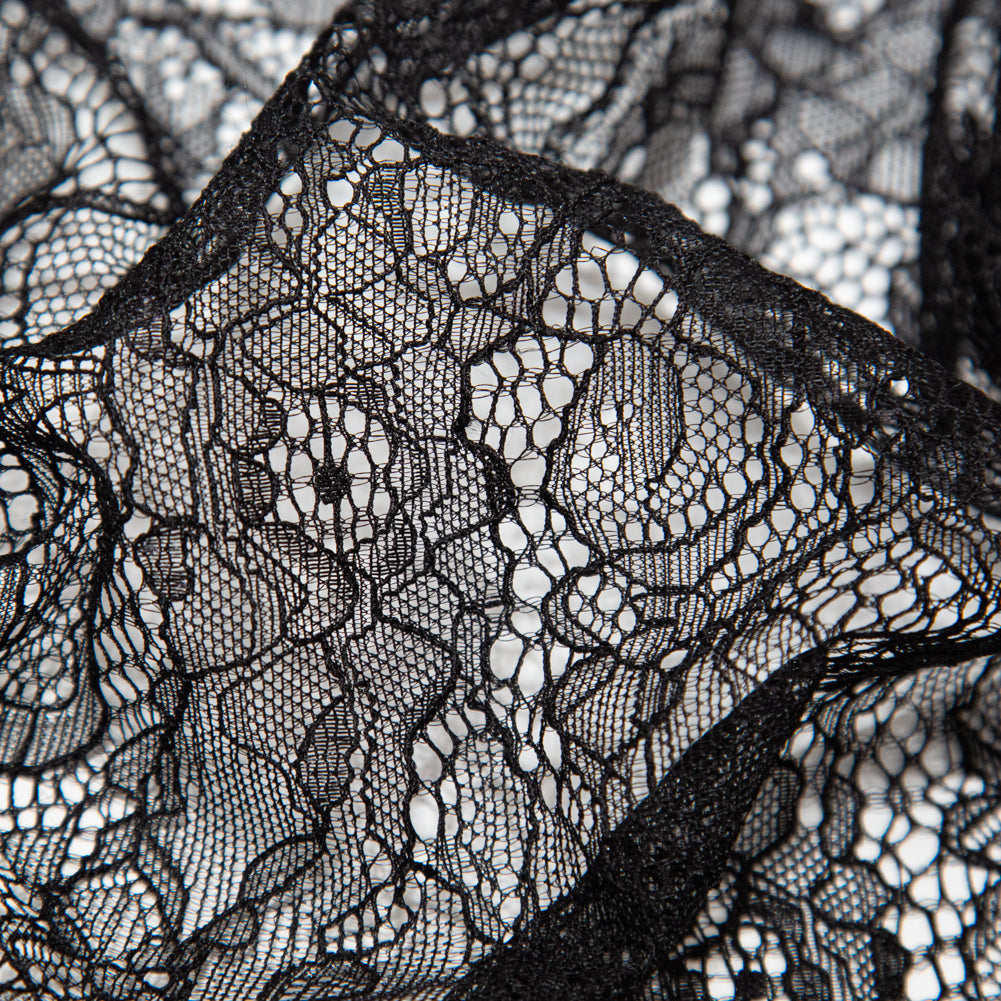 Jet Black Corded Floral Stretch Lace