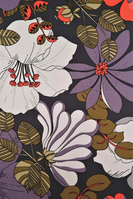 1 Yard Charcoal DTY Brushed Retro Floral Fabric Stretch Knit, 58/60" Wide