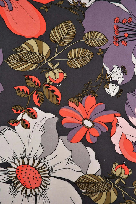1 Yard Charcoal DTY Brushed Retro Floral Fabric Stretch Knit, 58/60" Wide