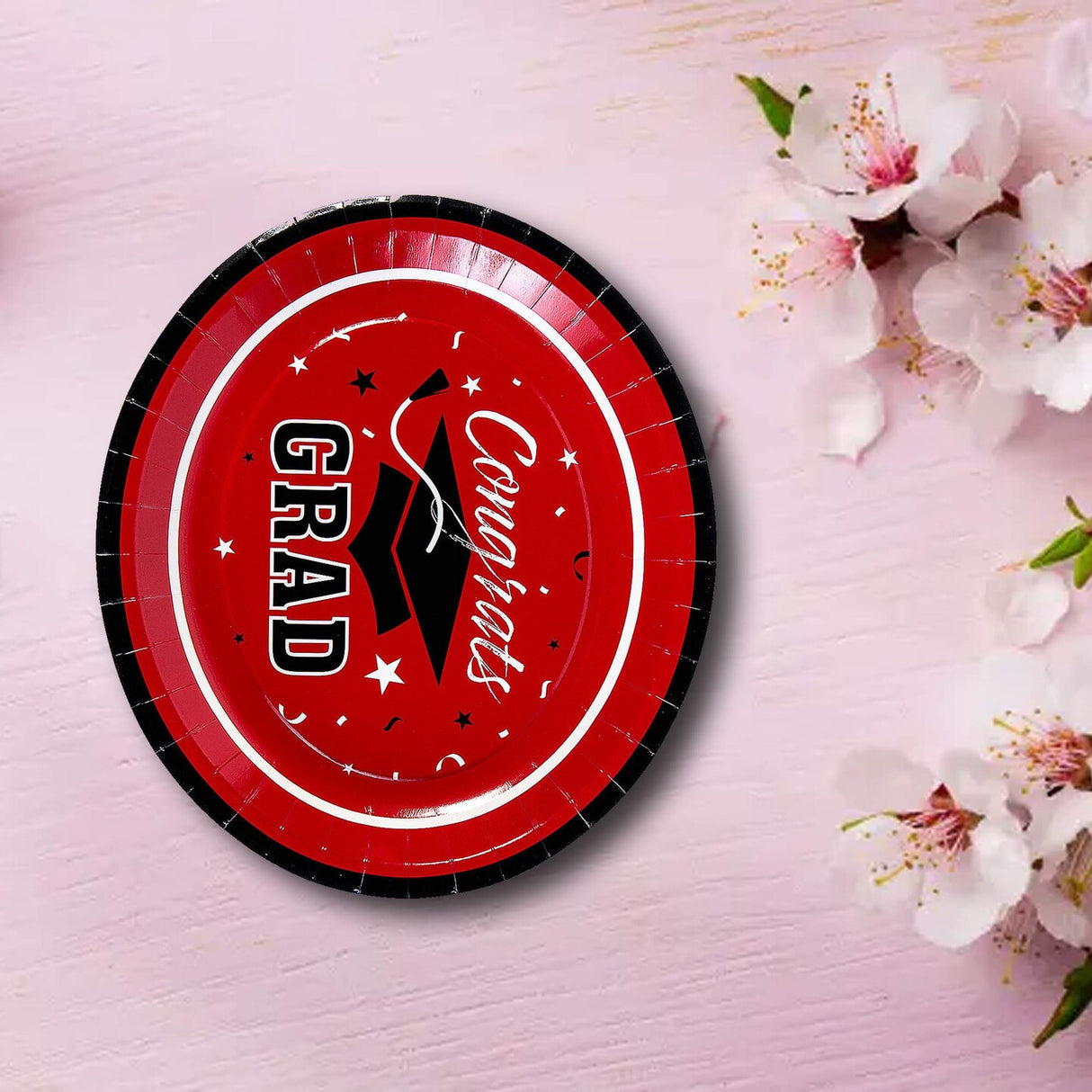 Betallic Congrats Graduation Party Red School Colors Paper Banquet Plates 25 Count Disposable Dinner Plates 11 3/4" x 10"