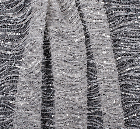 Beaded and Sequined Lace with Scallop Edge - Silver Abstract