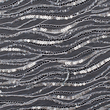 Beaded and Sequined Lace with Scallop Edge - Silver Abstract