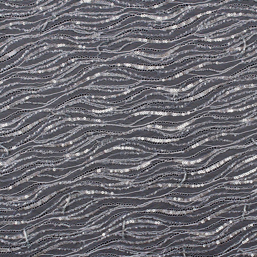 Beaded and Sequined Lace with Scallop Edge - Silver Abstract