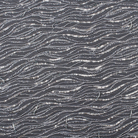 Beaded and Sequined Lace with Scallop Edge - Silver Abstract