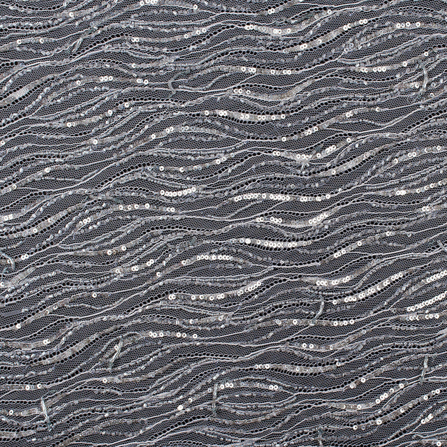 Beaded and Sequined Lace with Scallop Edge - Silver Abstract