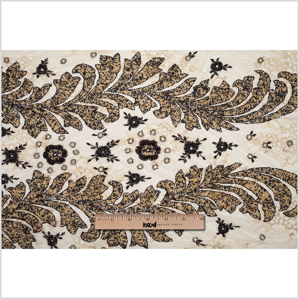 Beaded Lace - Ivory, Gold and Black Floral