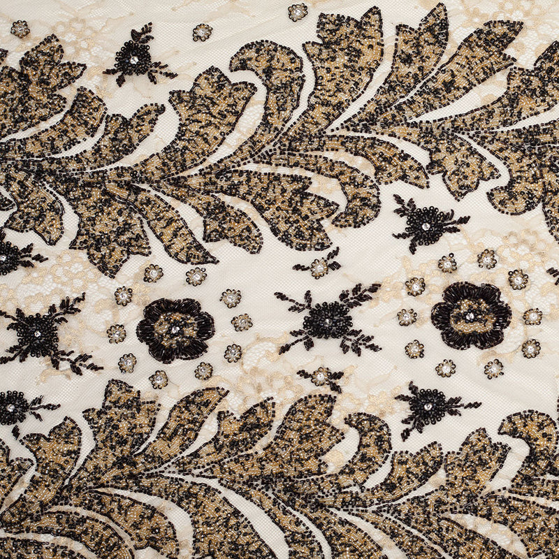 Beaded Lace - Ivory, Gold and Black Floral