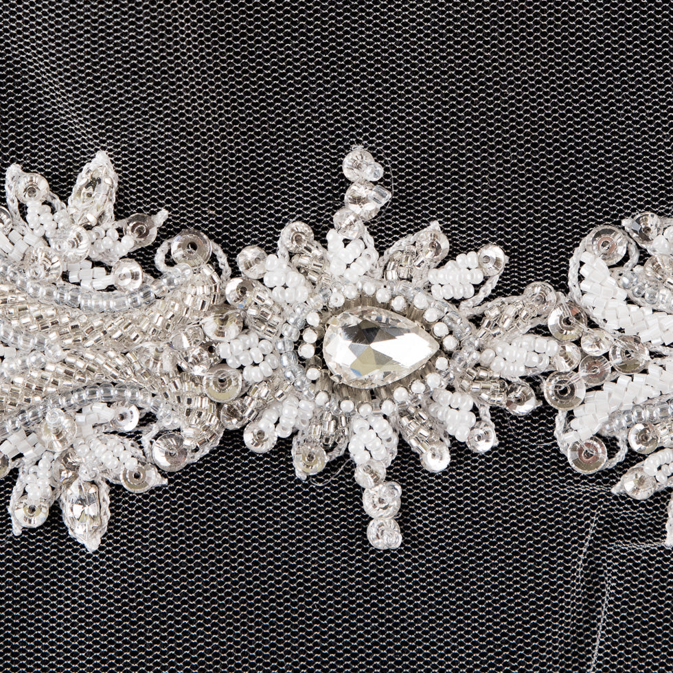 White Beaded Trim with Rhinestones - 3.5"