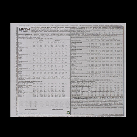 McCall's Shirt Pattern M6124 Size RR