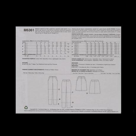 McCall's Bottom Pattern M6361 Size B5