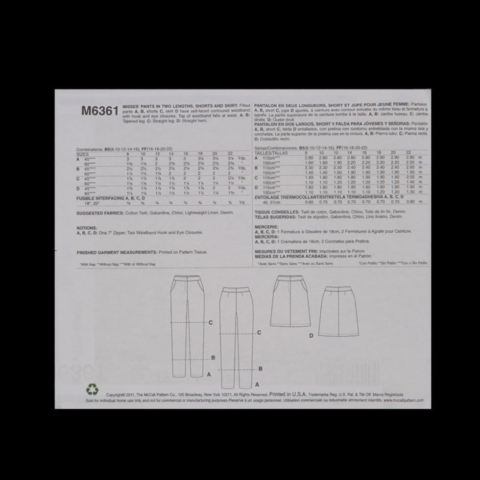 McCall's Bottom Pattern M6361 Size FF