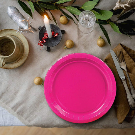 24 Ct. Hot Pink Paper Dinner Plates 9" Round Bright & Sturdy Disposable Plates for Parties