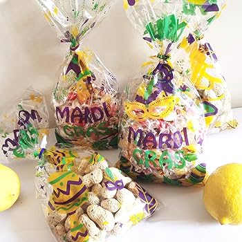 5" x 11 1/2" Medium Mardi Gras Icons Cellophane Treat Bags - 12 Pc.