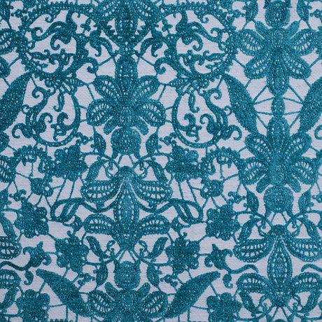 Turquoise Polyester-Viscose Embroidered Woven