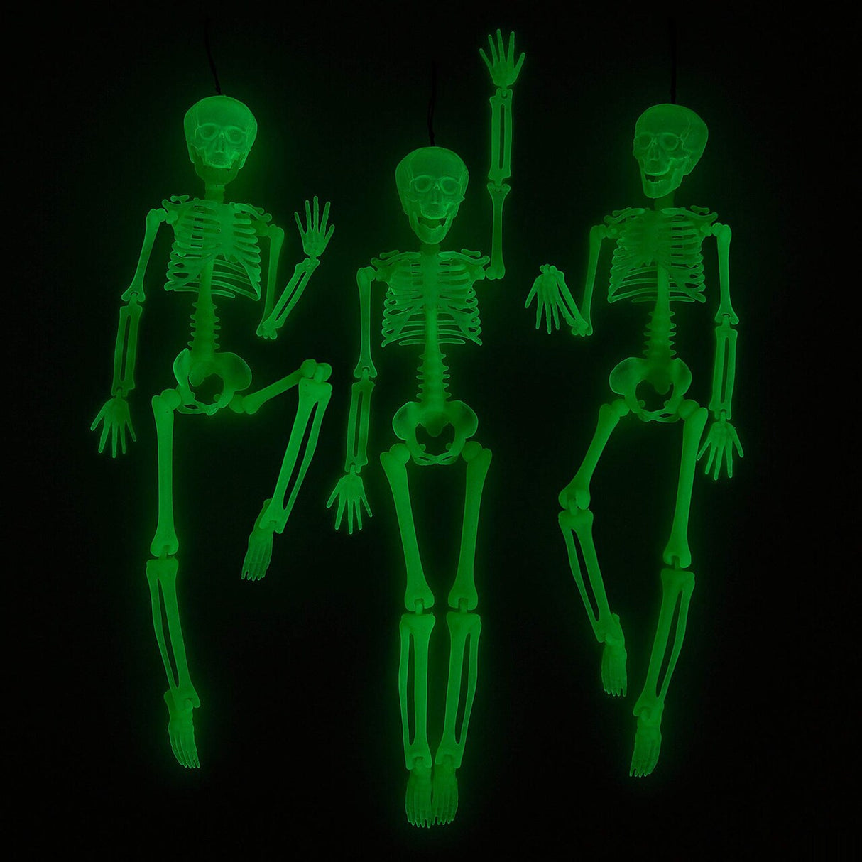 16" Hanging Posable Glow in the Dark Skeletons Halloween Decoration 3 Pc