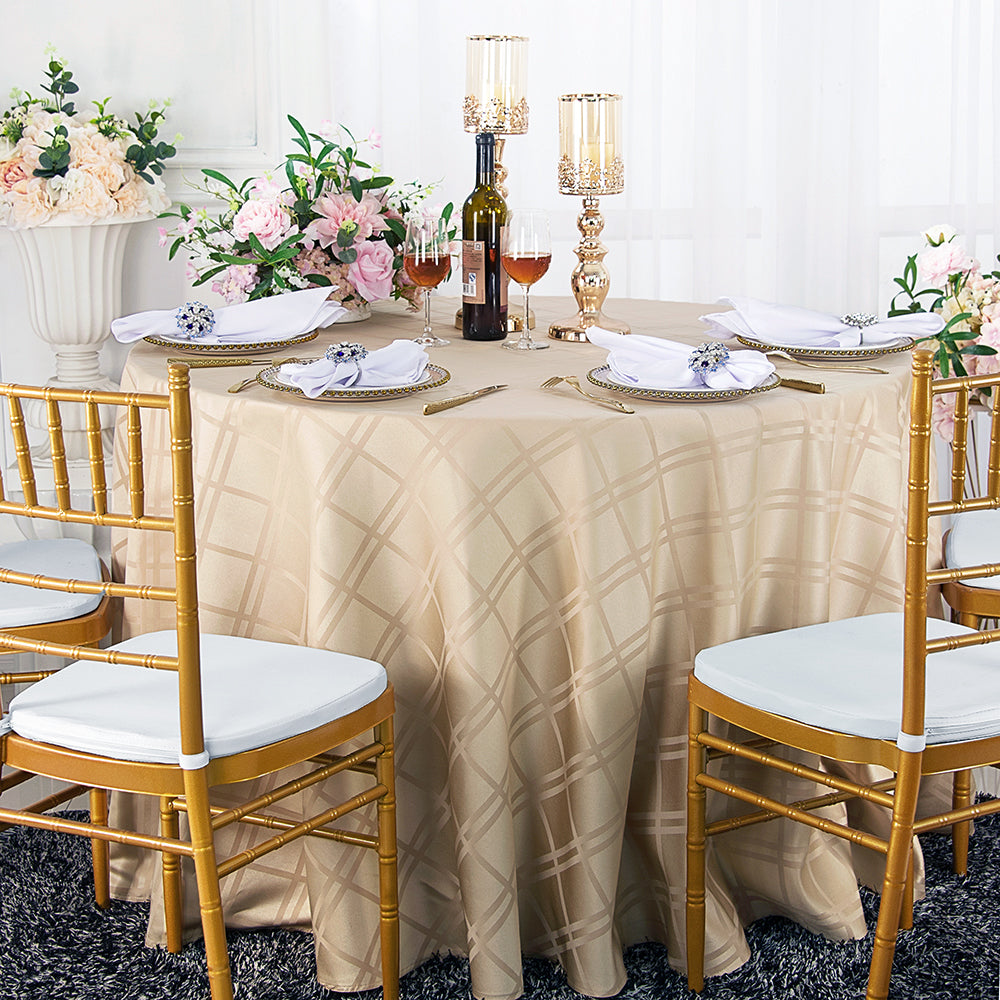 Round Plaid Jacquard Polyester Tablecloth 108" Champagne