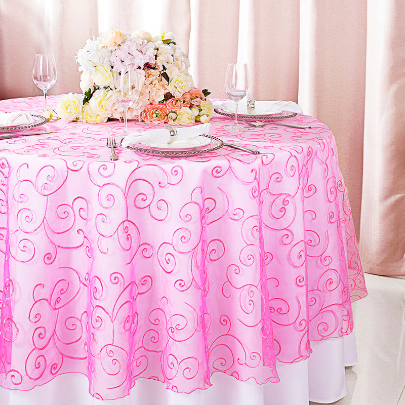 Round Embroidered Organza Table Overlay 108" Bubble Gum